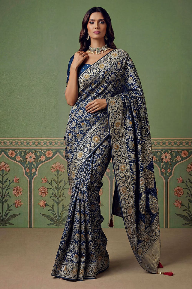 Blue Floral Woven Silk Saree (ACA7635)