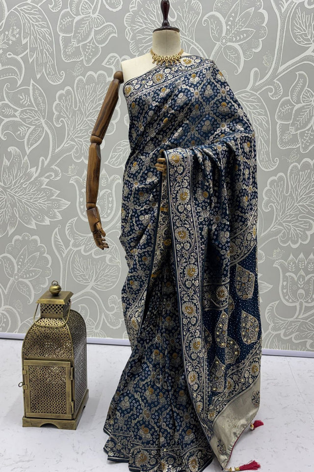 Blue Floral Woven Silk Saree (ACA7635)
