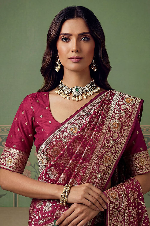 Maroon Floral Woven Silk Saree (ACA7636)