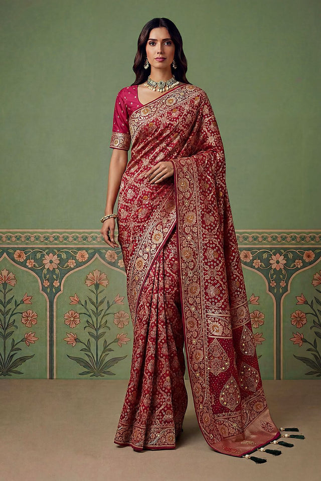 Maroon Floral Woven Silk Saree (ACA7636)
