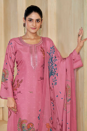 Pink Printed with Embroidered Silk Straight Cut Suit (ACA7647)