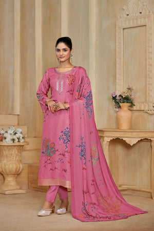 Pink Printed with Embroidered Silk Straight Cut Suit (ACA7647)