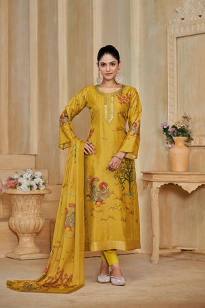 Yellow Printed with Embroidered Silk Straight Cut Suit (ACA7648)