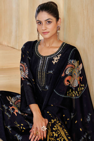 Black Printed with Embroidered Silk Straight Cut Suit (ACA7649)