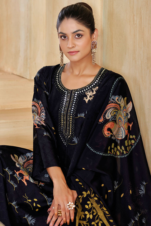Black Printed with Embroidered Silk Straight Cut Suit (ACA7649)