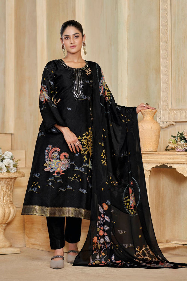 Black Printed with Embroidered Silk Straight Cut Suit (ACA7649)