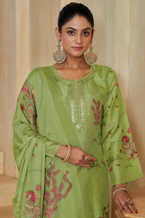 Green Printed with Embroidered Silk Straight Cut Suit (ACA7650)