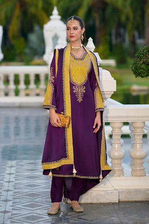 Violet Sequin with Embroidered Silk Straight Cut Suit (ACA7651)