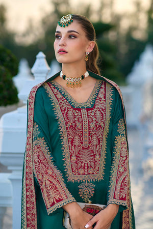 Turquoise Sequin with Embroidered Silk Straight Cut Suit (ACA7652)