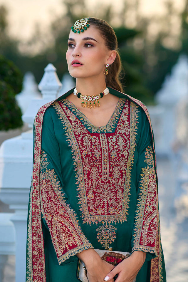 Turquoise Sequin with Embroidered Silk Straight Cut Suit (ACA7652)