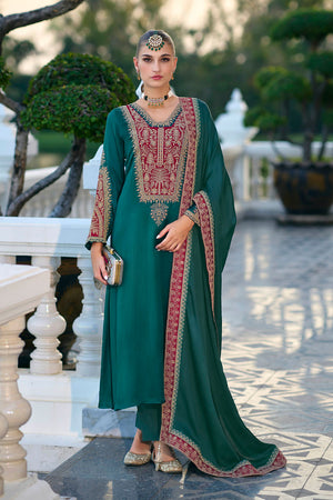 Turquoise Sequin with Embroidered Silk Straight Cut Suit (ACA7652)