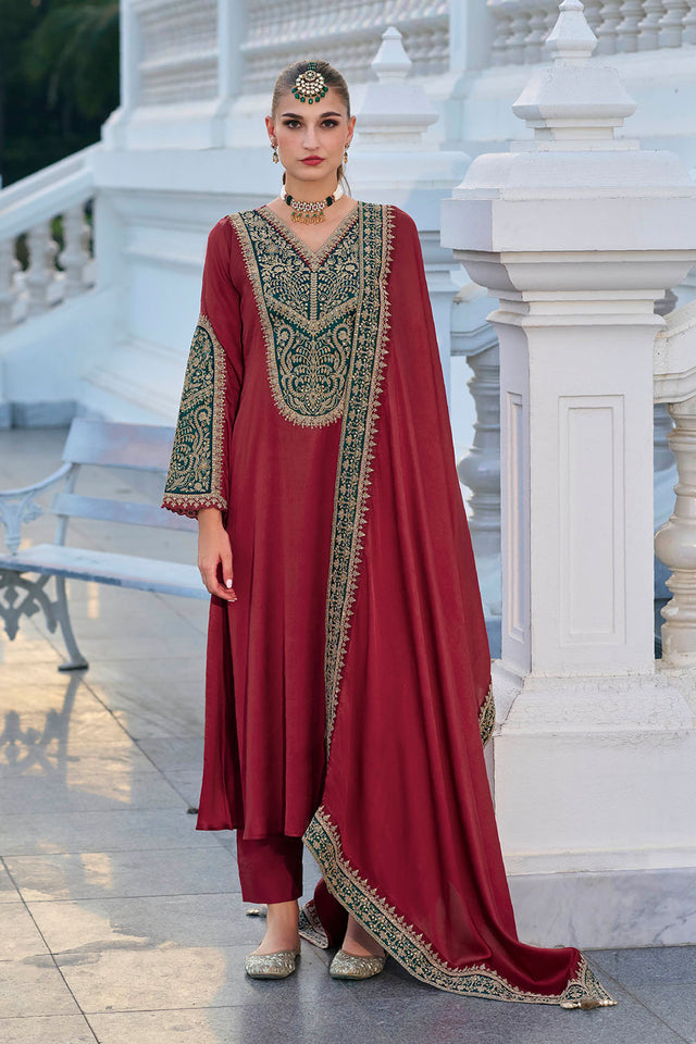 Maroon Sequin with Embroidered Silk Straight Cut Suit (ACA7653)