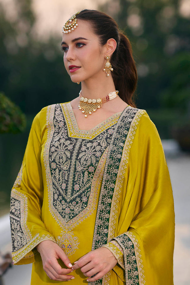 Yellow Sequin with Embroidered Silk Straight Cut Suit (ACA7654)