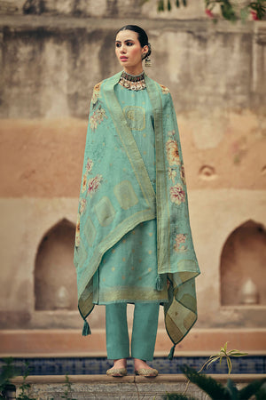 Sea Green Woven Cotton Blend Straight Cut Suit (ACA7656)