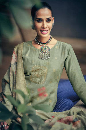 Green Woven Cotton Blend Straight Cut Suit (ACA7660)