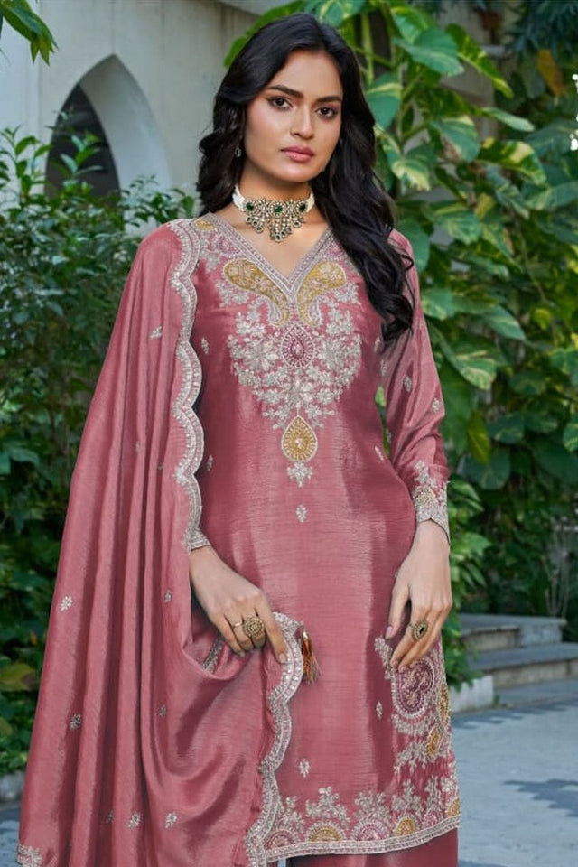 Free Size Stitched Mauve Embroidered Chinon Palazzo Suit (ACA7670)