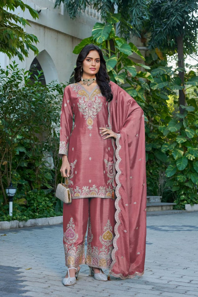 Free Size Stitched Mauve Embroidered Chinon Palazzo Suit (ACA7670)