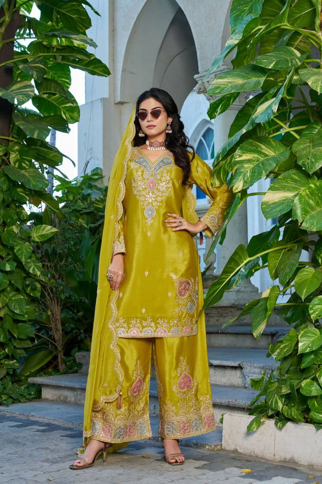 Free Size Stitched Olive Green Embroidered Chinon Palazzo Suit (ACA7671)