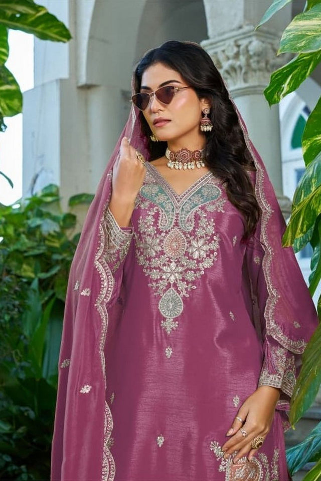 Free Size Stitched Pink Embroidered Chinon Palazzo Suit (ACA7672)