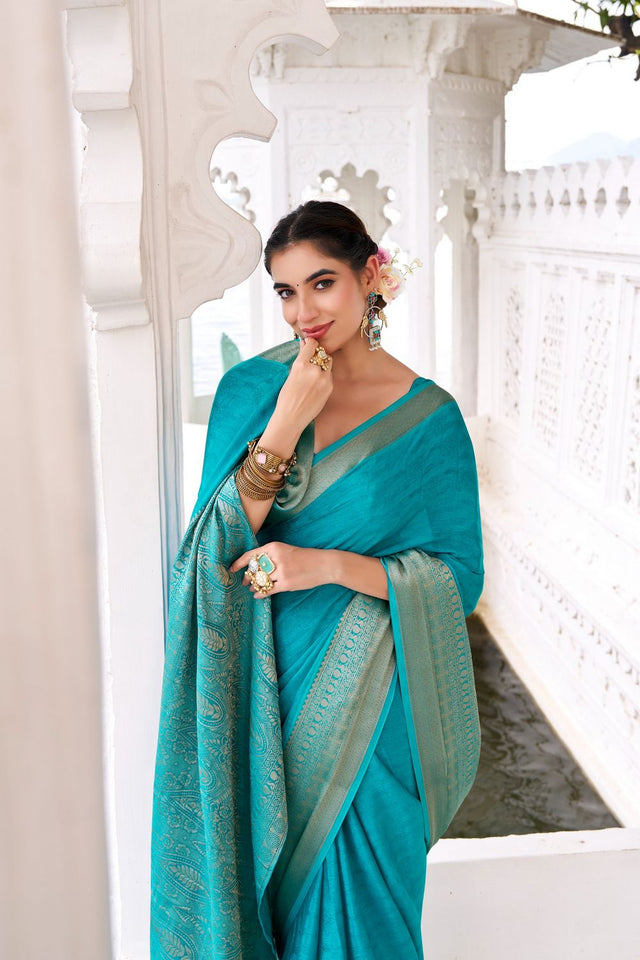 Turquoise Woven Chinon Saree (ACA7676)