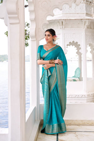 Turquoise Woven Chinon Saree (ACA7676)