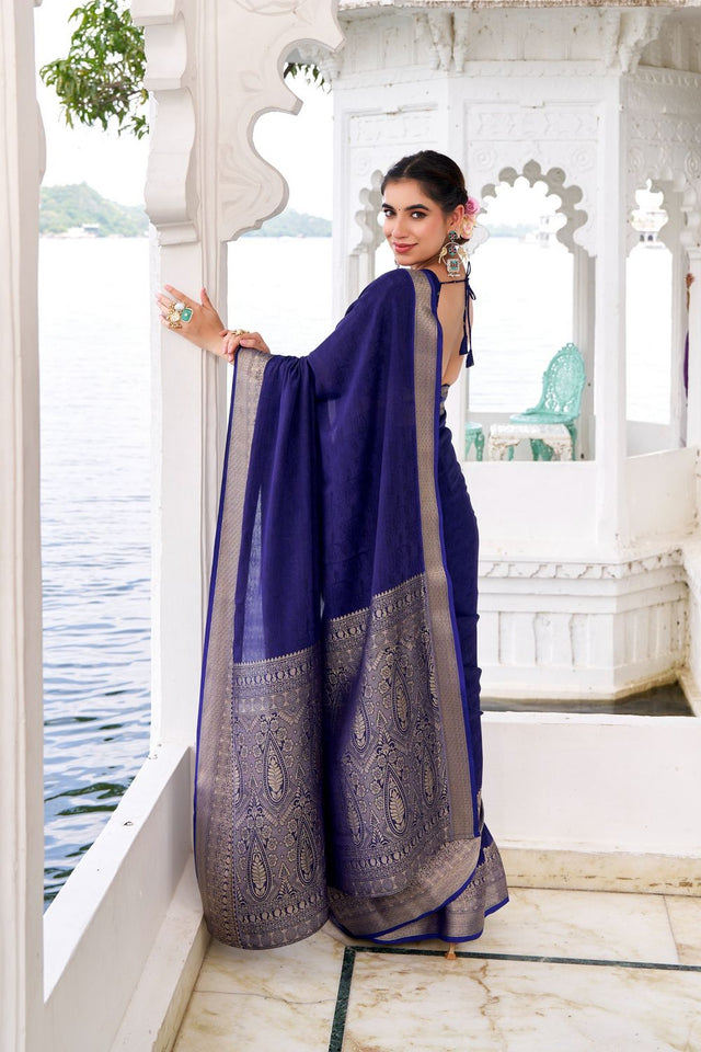 Blue Woven Chinon Saree (ACA7677)