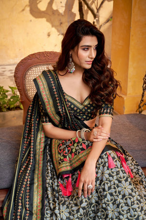 Black Floral Printed Silk Lehenga (ACA7680)