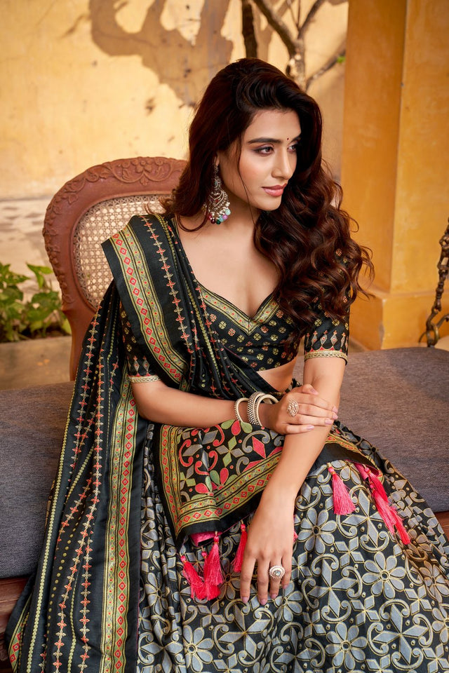 Black Floral Printed Silk Lehenga (ACA7680)