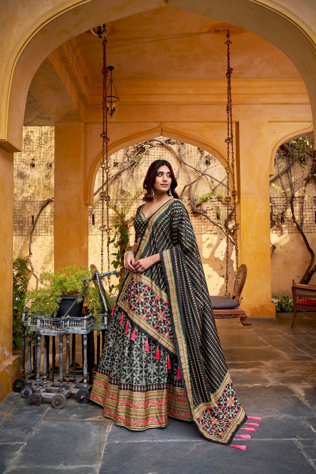 Black Floral Printed Silk Lehenga (ACA7680)