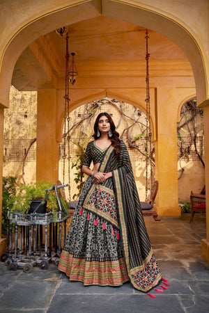 Black Floral Printed Silk Lehenga (ACA7680)