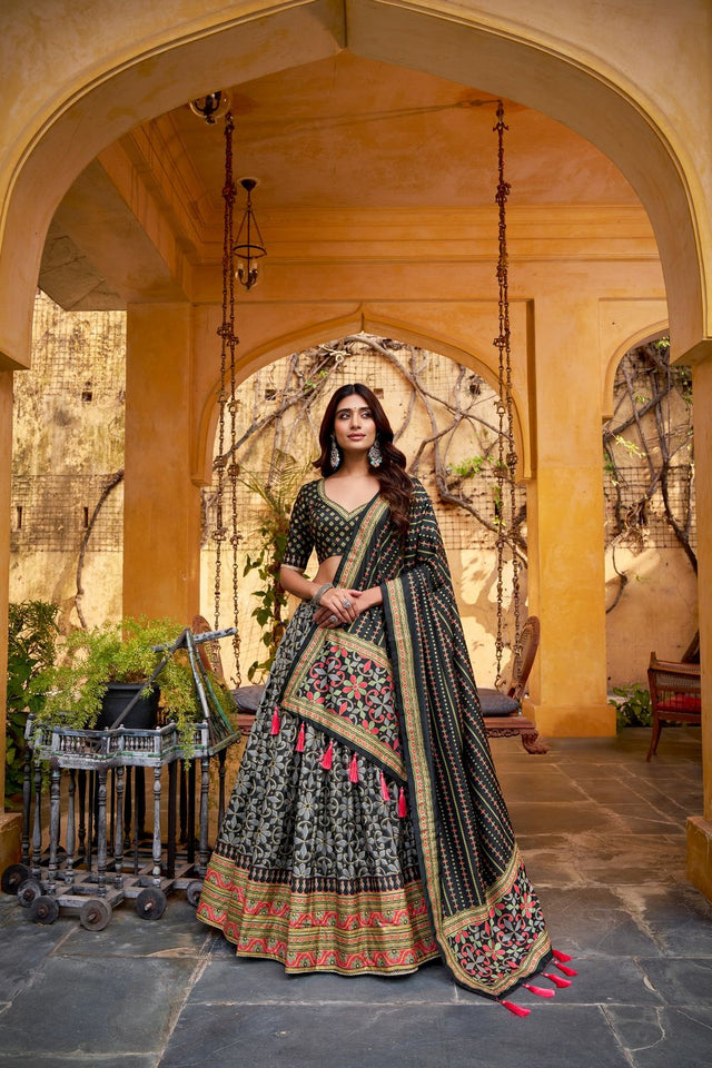 Black Floral Printed Silk Lehenga (ACA7680)