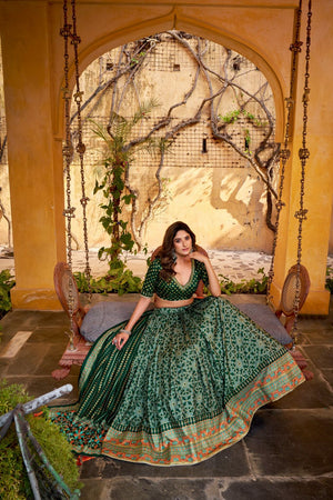Green Floral Printed Silk Lehenga (ACA7681)