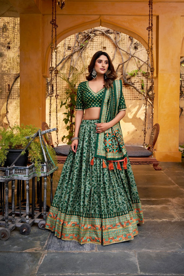 Green Floral Printed Silk Lehenga (ACA7681)