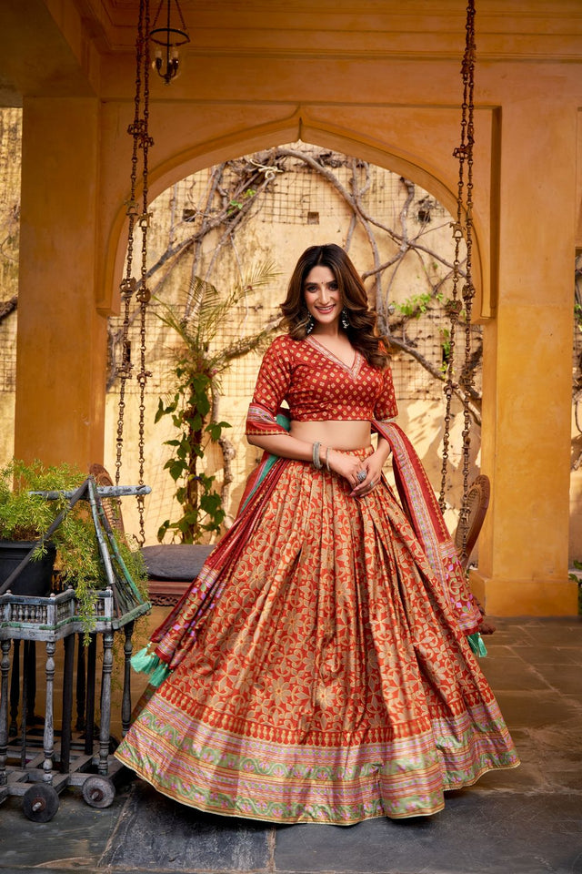 Orange Floral Printed Silk Lehenga (ACA7683)