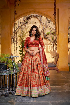 Orange Floral Printed Silk Lehenga (ACA7683)