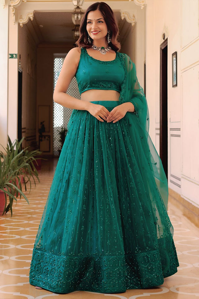 Green Sequin with Embroidered Net Lehenga (ACA7692)