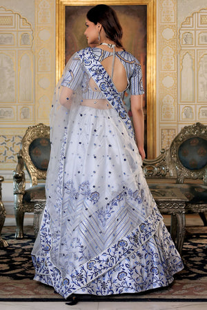 White Sequin with Floral Printed Satin Lehenga (ACA7693)