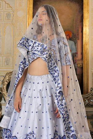 White Sequin with Floral Printed Satin Lehenga (ACA7693)