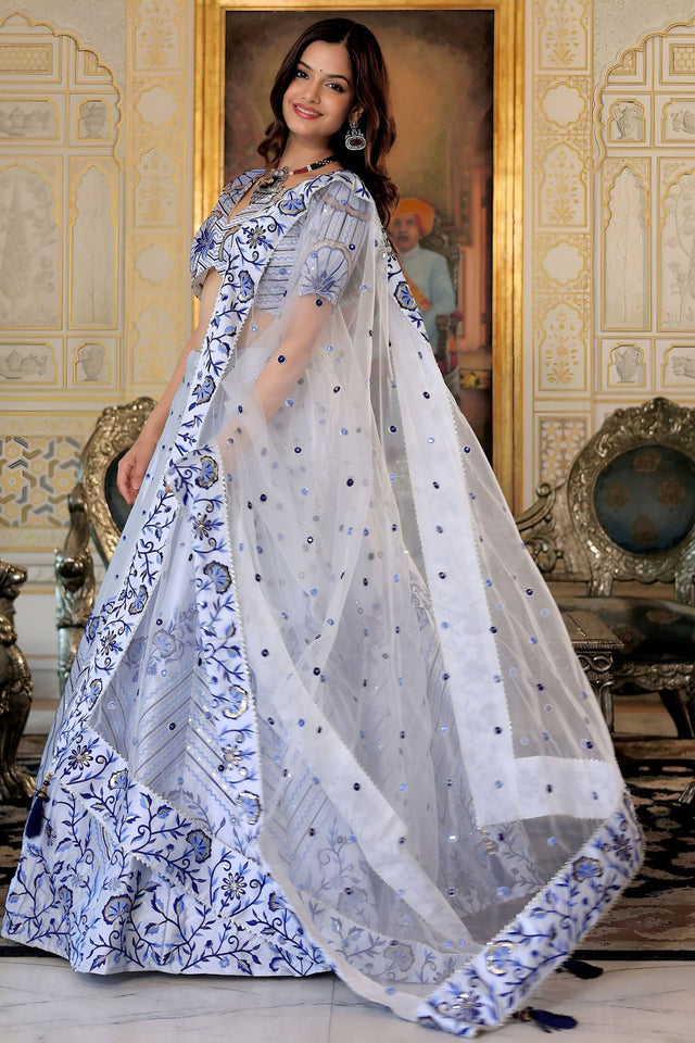 White Sequin with Floral Printed Satin Lehenga (ACA7693)