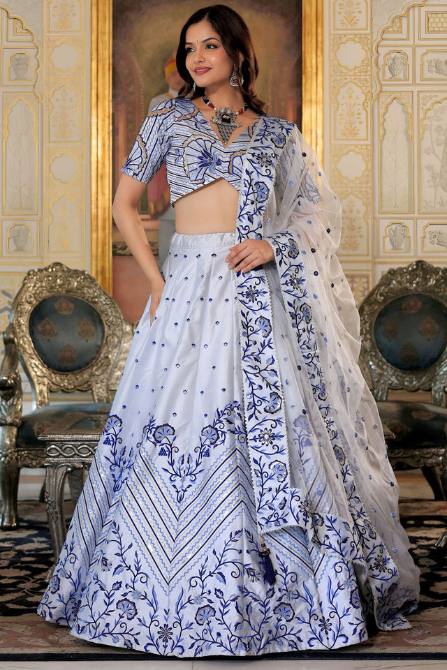 White Sequin with Floral Printed Satin Lehenga (ACA7693)