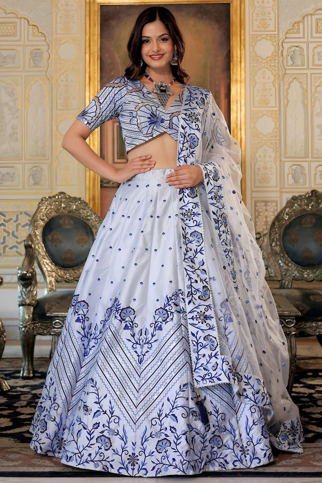 White Sequin with Floral Printed Satin Lehenga (ACA7693)