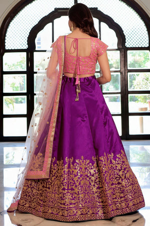 Violet Floral Embroidered Silk Lehenga (ACA7694)