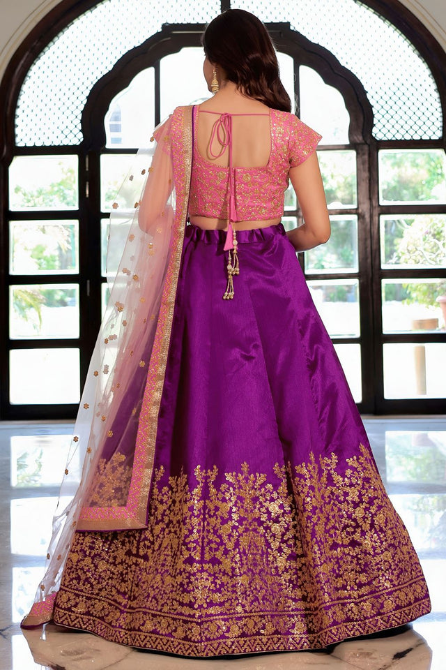 Violet Floral Embroidered Silk Lehenga (ACA7694)