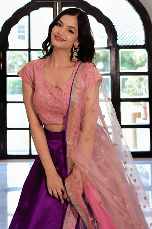 Violet Floral Embroidered Silk Lehenga (ACA7694)