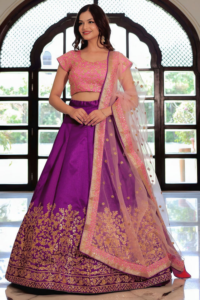 Violet Floral Embroidered Silk Lehenga (ACA7694)