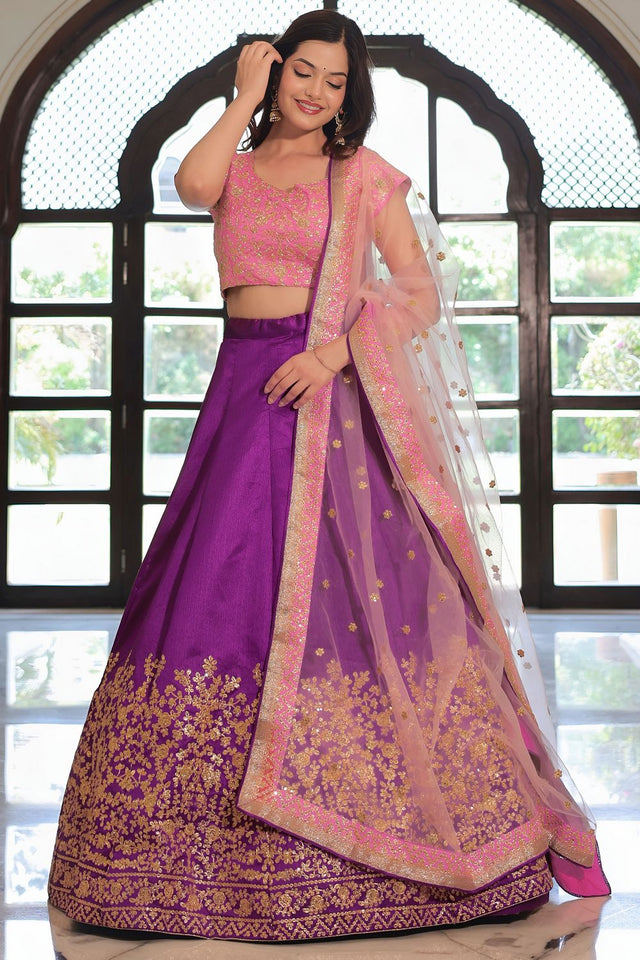 Violet Floral Embroidered Silk Lehenga (ACA7694)