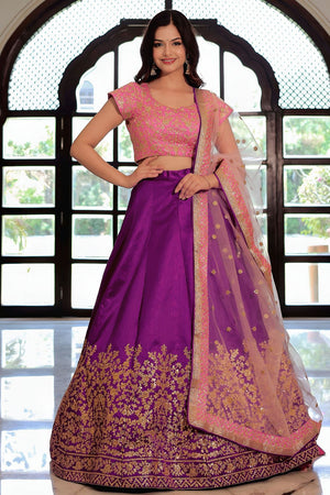 Violet Floral Embroidered Silk Lehenga (ACA7694)