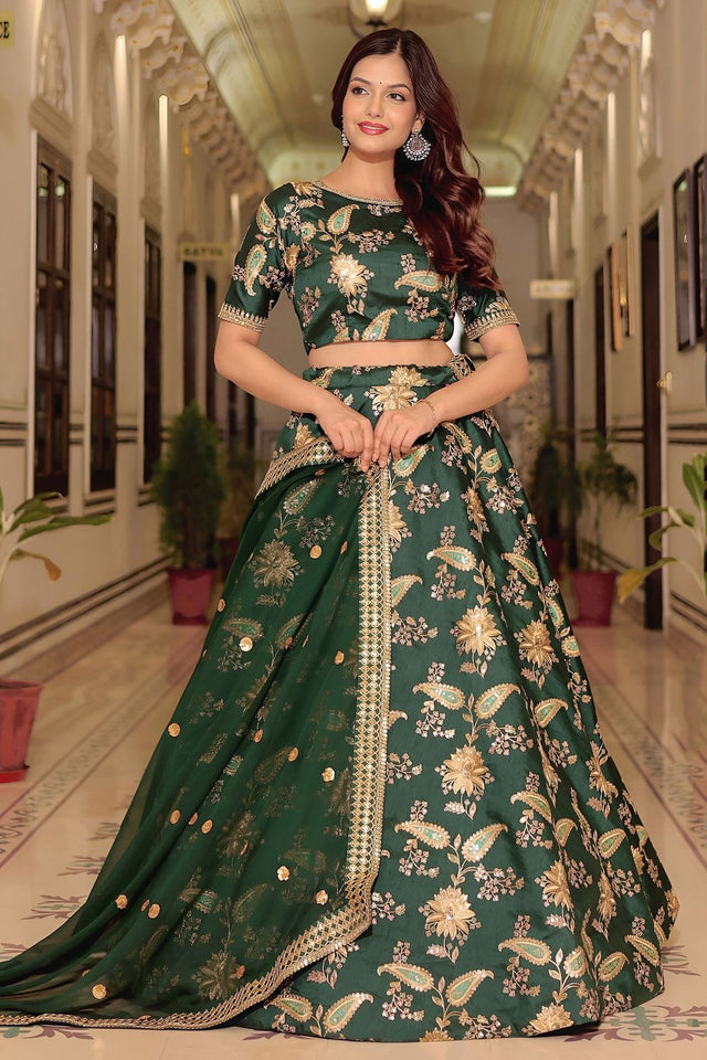 Dark Green Sequin with Embroidered Art Silk Lehenga (ACA7695)