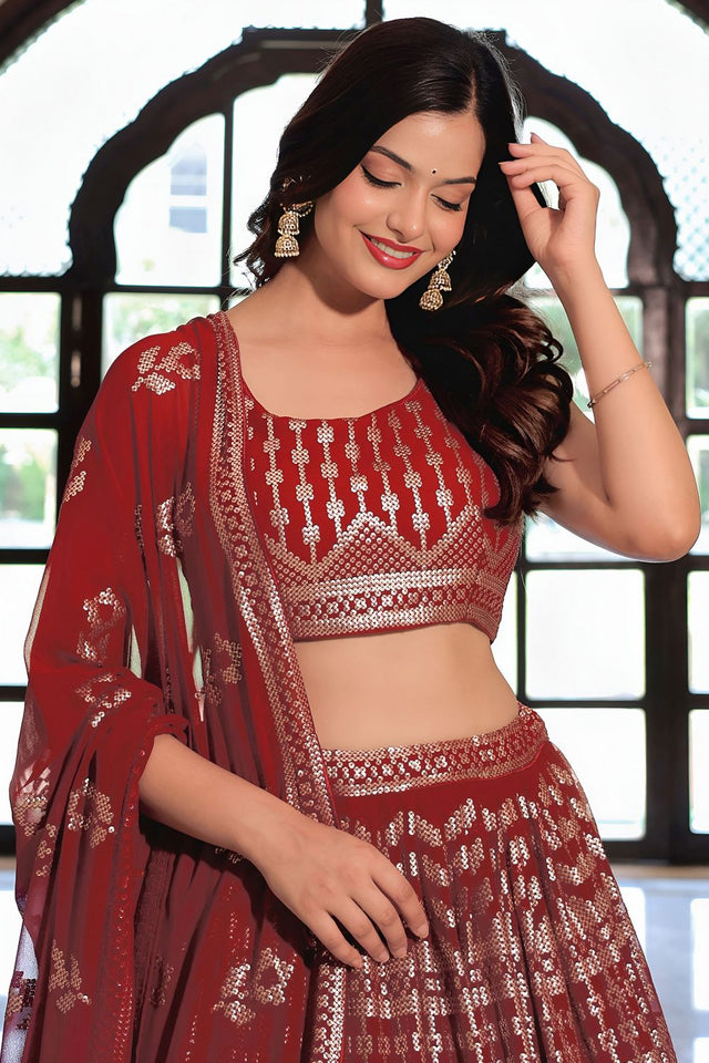 Maroon Sequin Georgette Lehenga (ACA7696)