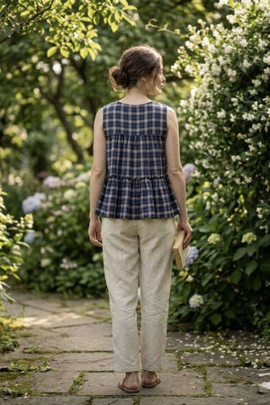Blue Checkered Design Linen Top & Bottom Set (ACA7707)